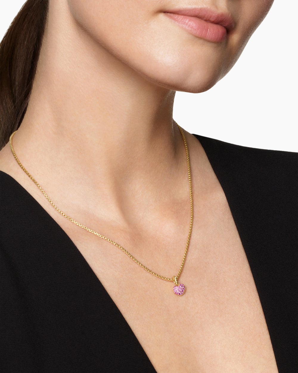 Womens Petite Pavé Heart Amulet in 18K Yellow Gold with Pink Sapphires, 7.4mm