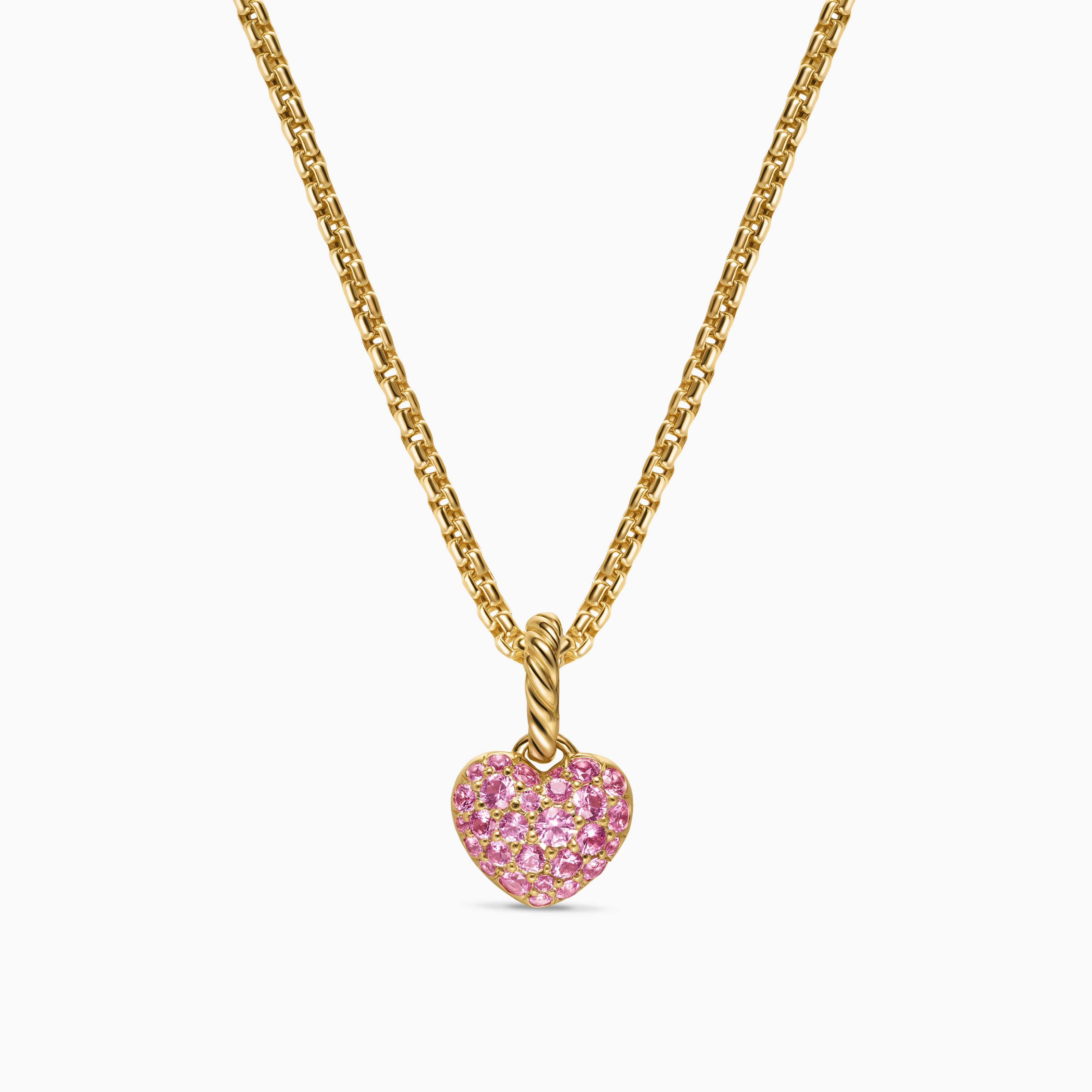 Womens Petite Pav&eacute; Heart Amulet in 18K Yellow Gold with Pink Sapphires, 7.4mm