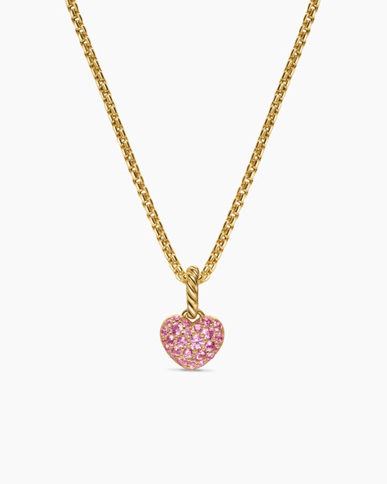 Petite Pavé Heart Amulet in 18ct Yellow Gold with Pink Sapphires, 7.4mm