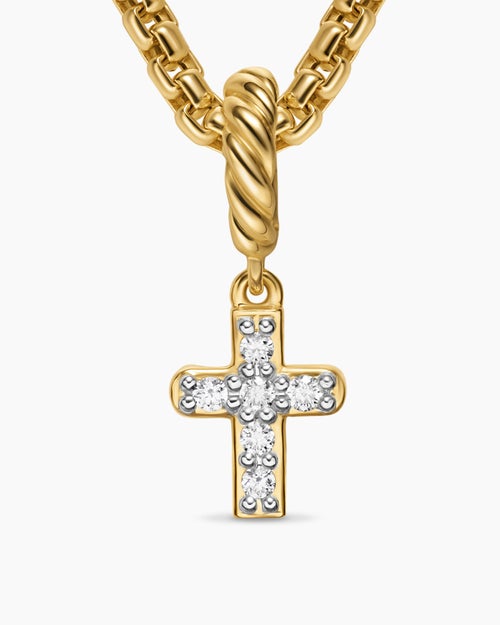 Womens Micro Pavé Cross Amulet in 18ct Yellow Gold with Diamonds, 8mm