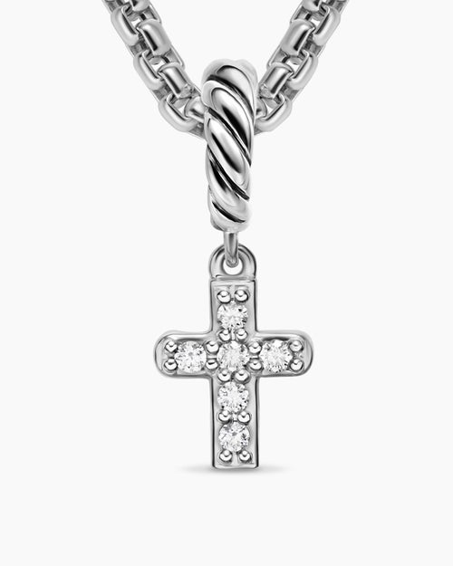 Womens Micro Pavé Cross Amulet in Sterling Silver with Diamonds, 8mm
