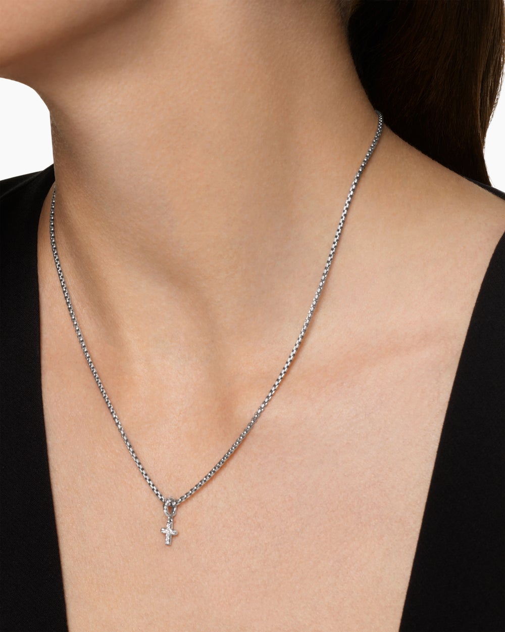 Womens Micro Pavé Cross Amulet in Sterling Silver with Diamonds, 8mm