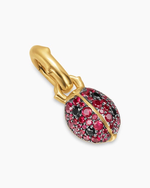 Womens Ladybug Amulet in 18K Yellow Gold with Rubies and Black Diamonds, 12.7mm