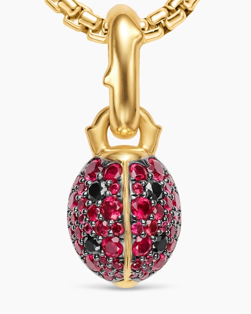Womens Ladybug Amulet in 18K Yellow Gold with Rubies and Black Diamonds, 12.7mm