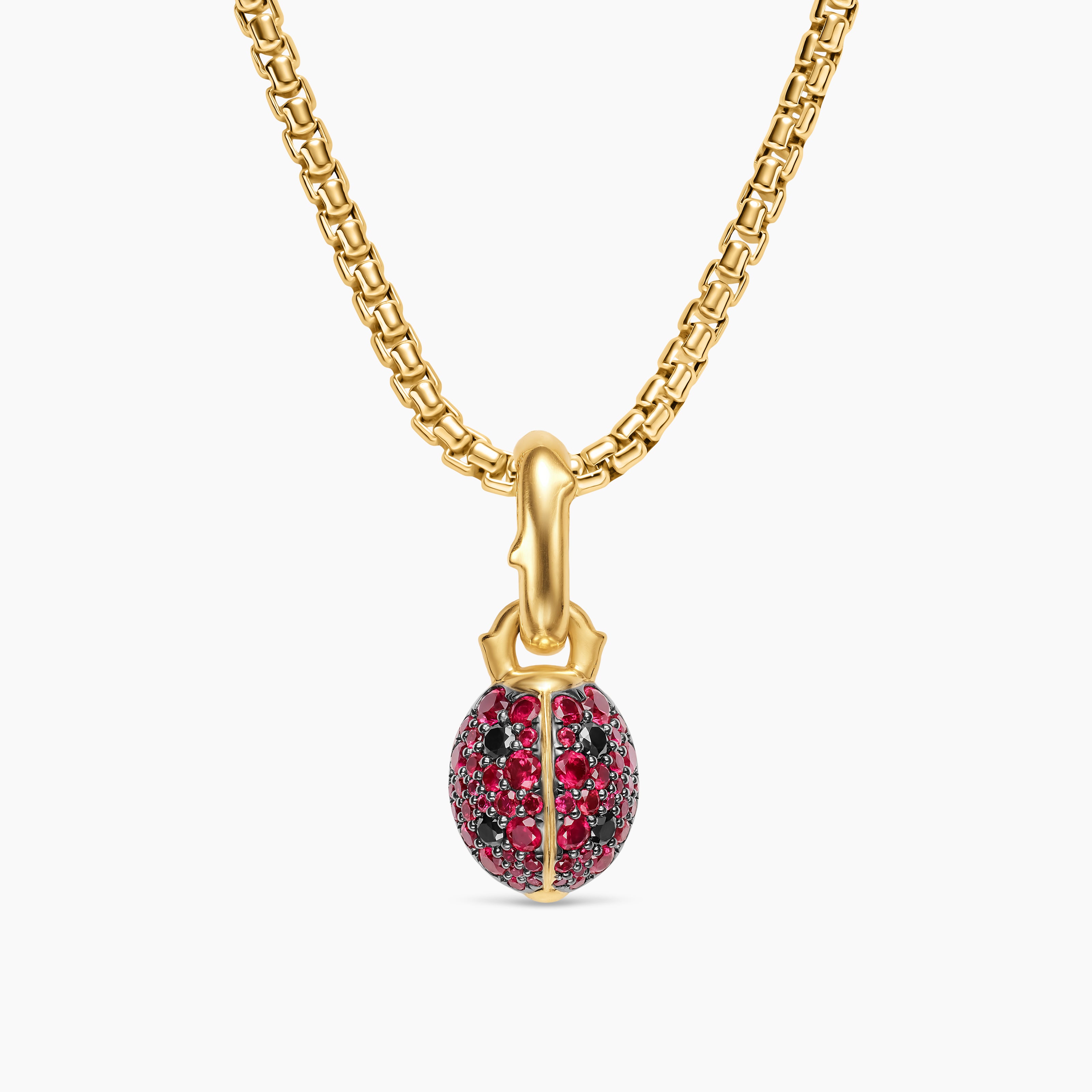 Womens Ladybug Amulet in 18K Yellow Gold with Rubies and Black Diamonds, 12.7mm