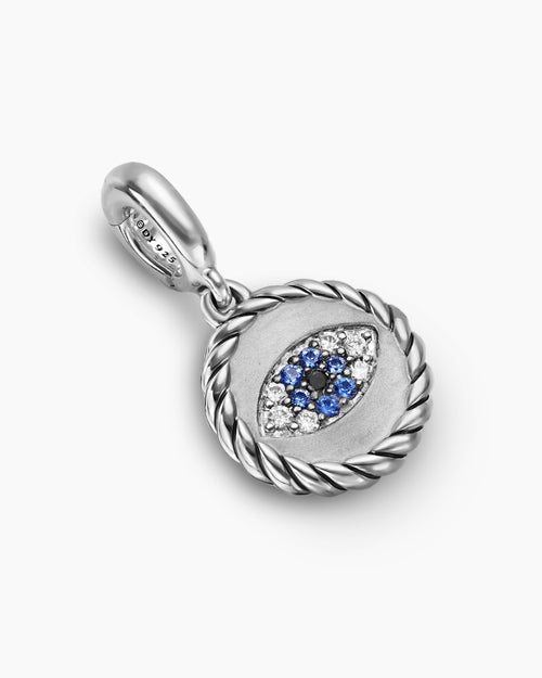 Womens Evil Eye Amulet in Sterling Silver with Pavé Blue Sapphires and Diamonds, 12.6mm