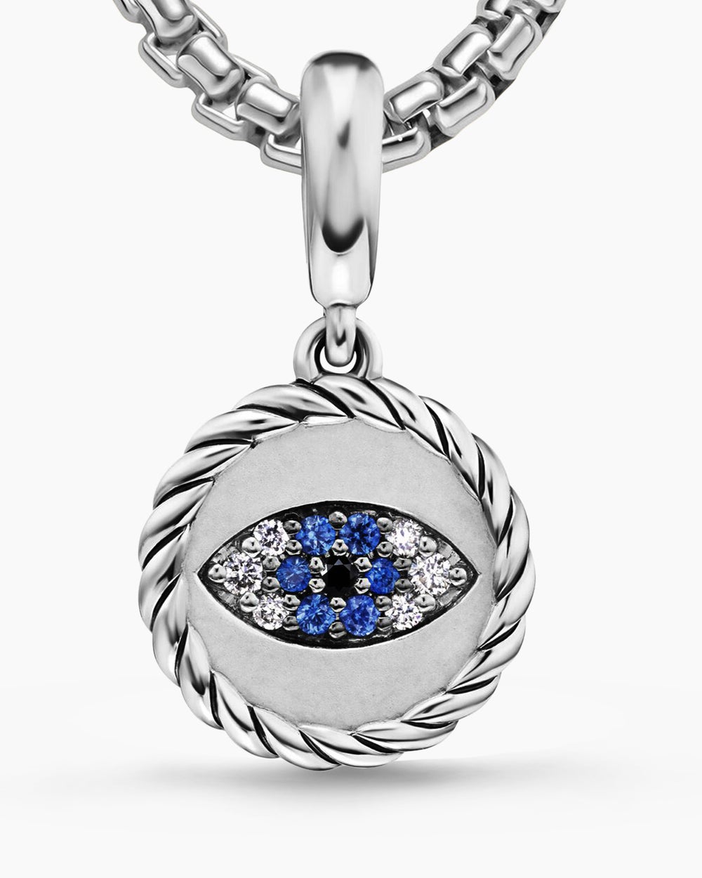 Womens Evil Eye Amulet in Sterling Silver with Pavé Blue Sapphires and Diamonds, 12.6mm