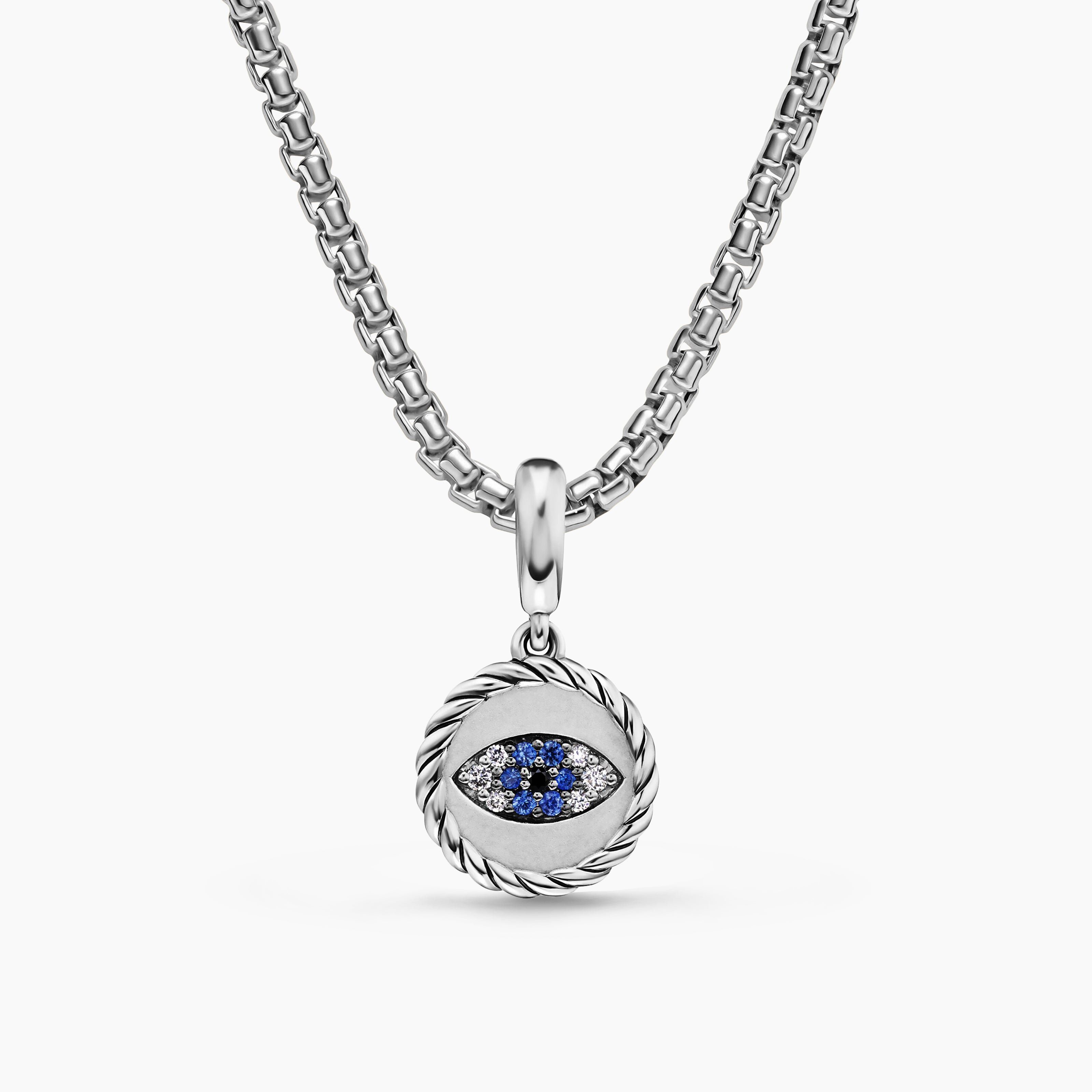 Womens Evil Eye Amulet in Sterling Silver with Pav&eacute; Blue Sapphires and Diamonds, 12.6mm