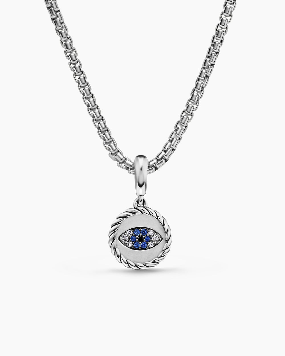 Womens Evil Eye Amulet in Sterling Silver with Pavé Blue Sapphires and Diamonds, 12.6mm