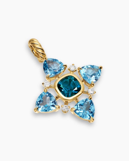 Womens Renaissance® Quad Pendant in 18K Yellow Gold with Blue Topaz, Hampton Blue Topaz and Diamonds, 36mm