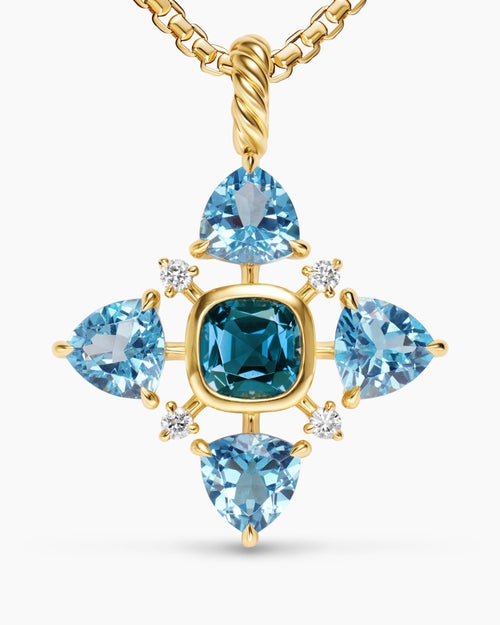 Womens Renaissance® Quad Pendant in 18K Yellow Gold with Blue Topaz, Hampton Blue Topaz and Diamonds, 36mm