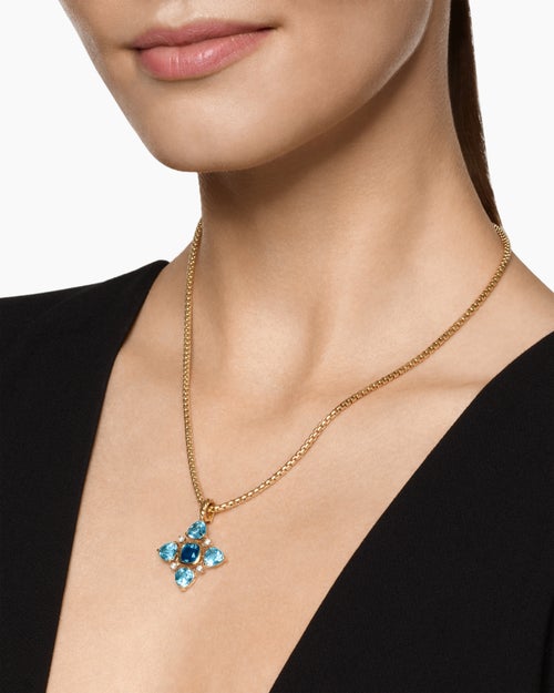 Womens Renaissance® Quad Pendant in 18K Yellow Gold with Blue Topaz, Hampton Blue Topaz and Diamonds, 36mm