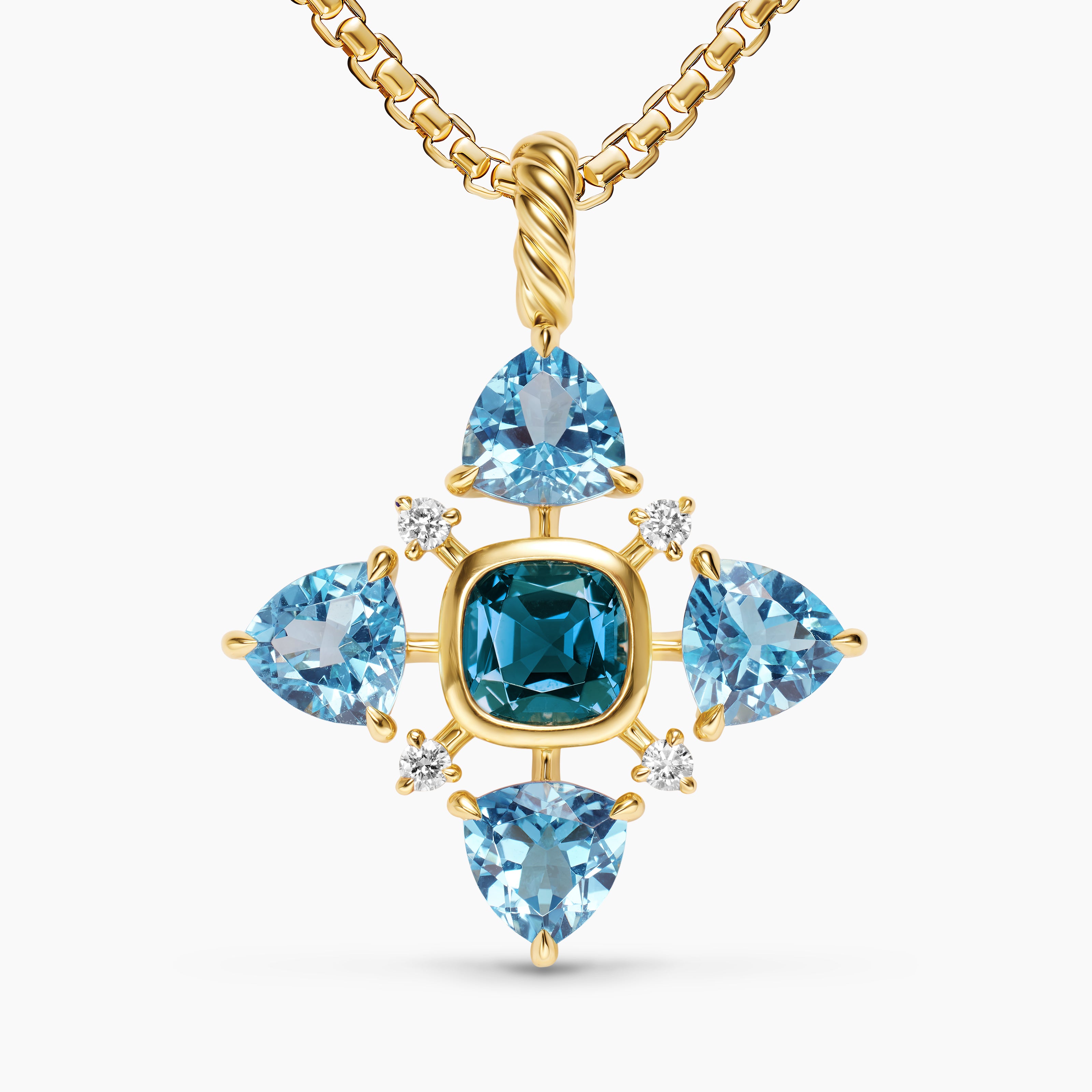 Womens Renaissance&reg; Quad Pendant in 18K Yellow Gold with Blue Topaz, Hampton Blue Topaz and Diamonds, 36mm