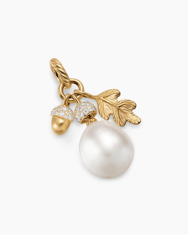 Pearl Acorn Amulet in 18K Yellow Gold with Diamonds, 25mm