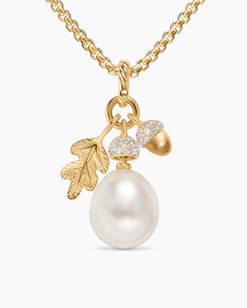 Womens Pearl Acorn Amulet in 18K Yellow Gold with Diamonds, 25mm