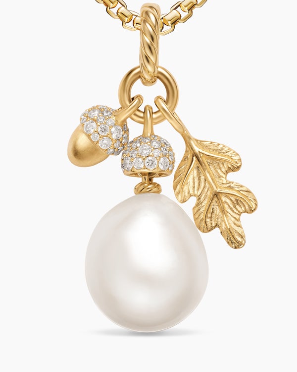 Pearl Acorn Amulet in 18K Yellow Gold with Diamonds, 25mm