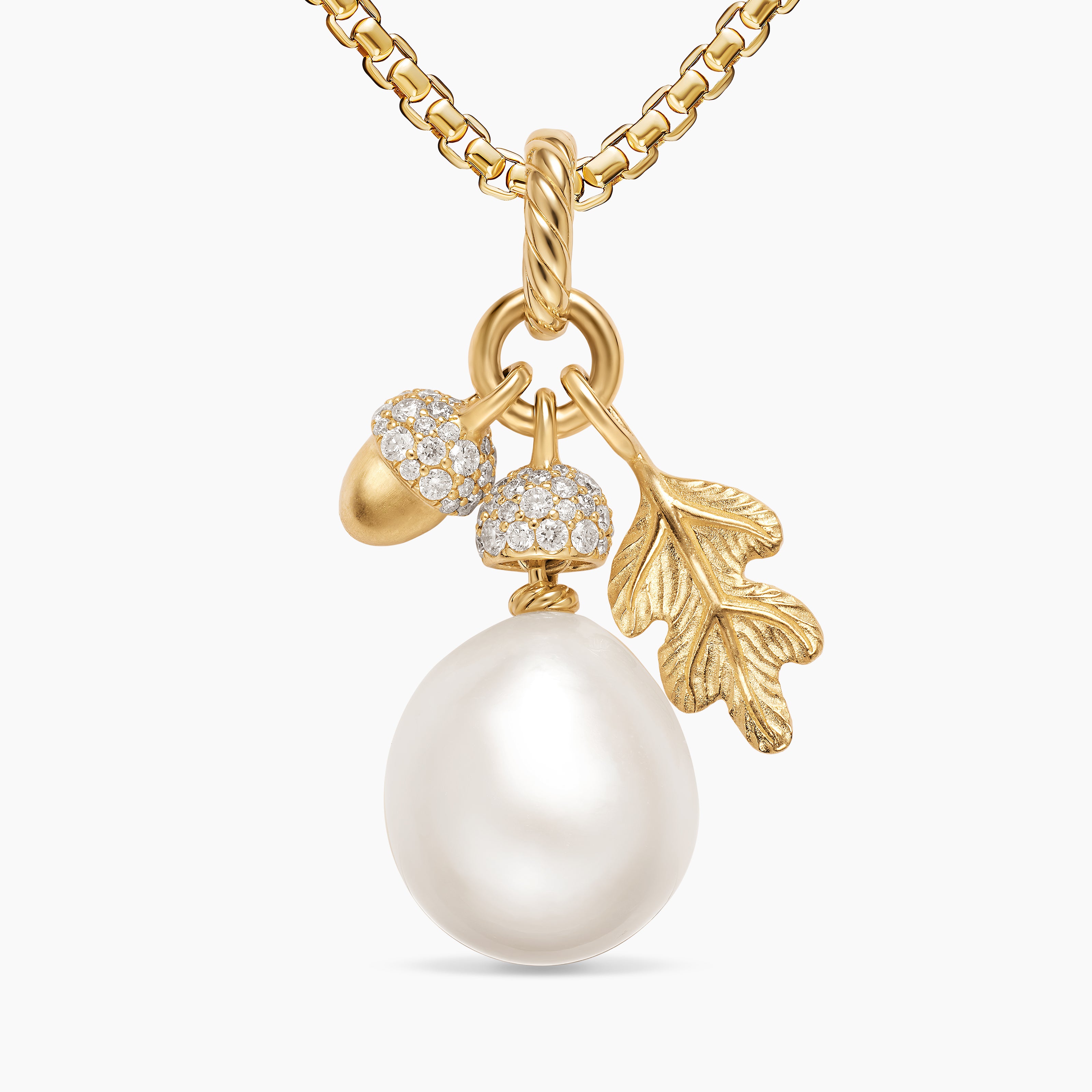 Womens Pearl Acorn Amulet in 18K Yellow Gold with Diamonds, 25mm