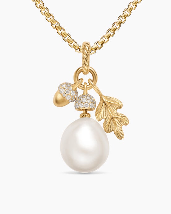 Pearl Acorn Amulet in 18K Yellow Gold with Diamonds, 25mm
