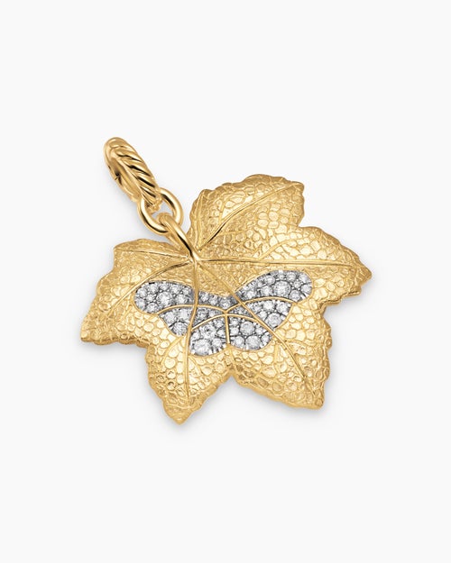Womens Maple Leaf Butterfly Amulet in 18K Yellow Gold with Diamonds, 24mm