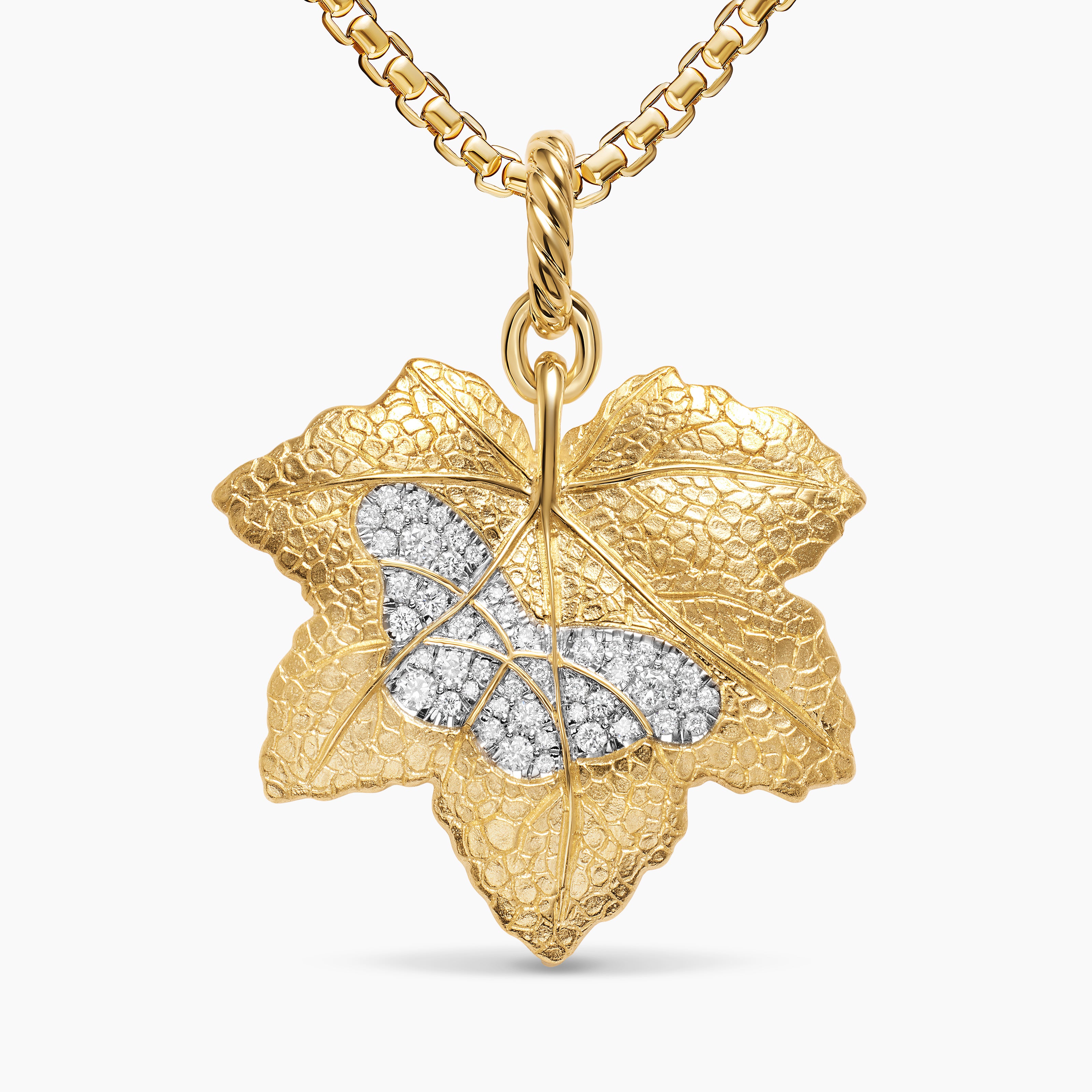 Womens Maple Leaf Butterfly Amulet in 18K Yellow Gold with Diamonds, 24mm