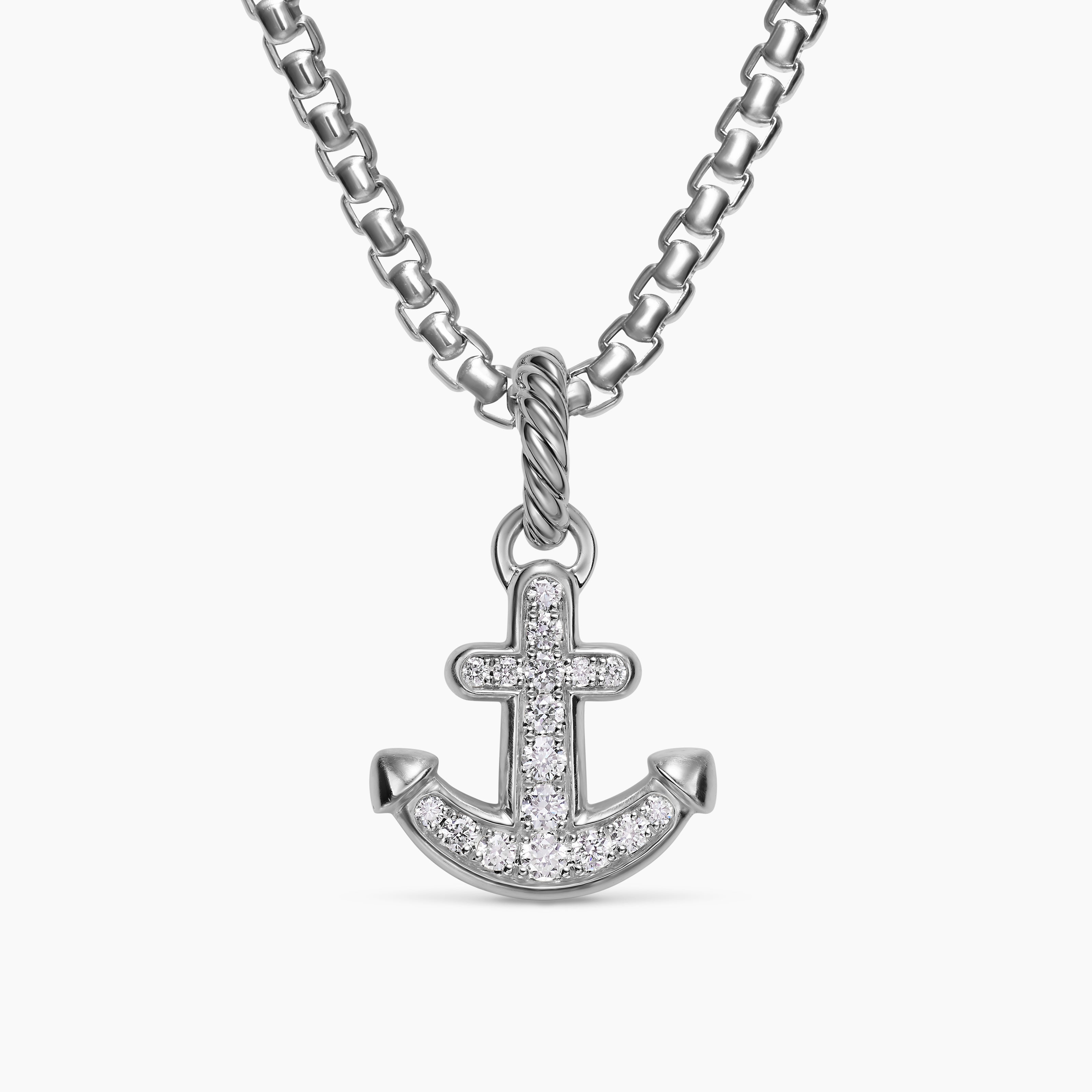 Womens Anchor Amulet in Sterling Silver with Diamonds, 14.2mm