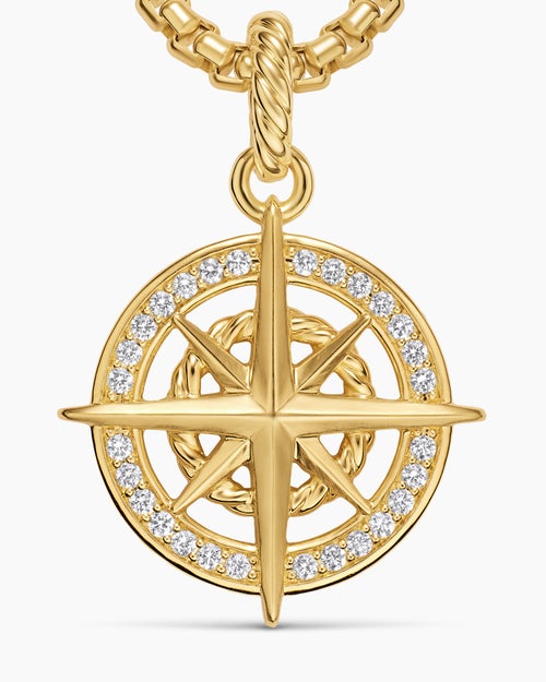 Womens Compass Amulet in 18K Yellow Gold with Diamonds, 21.3mm
