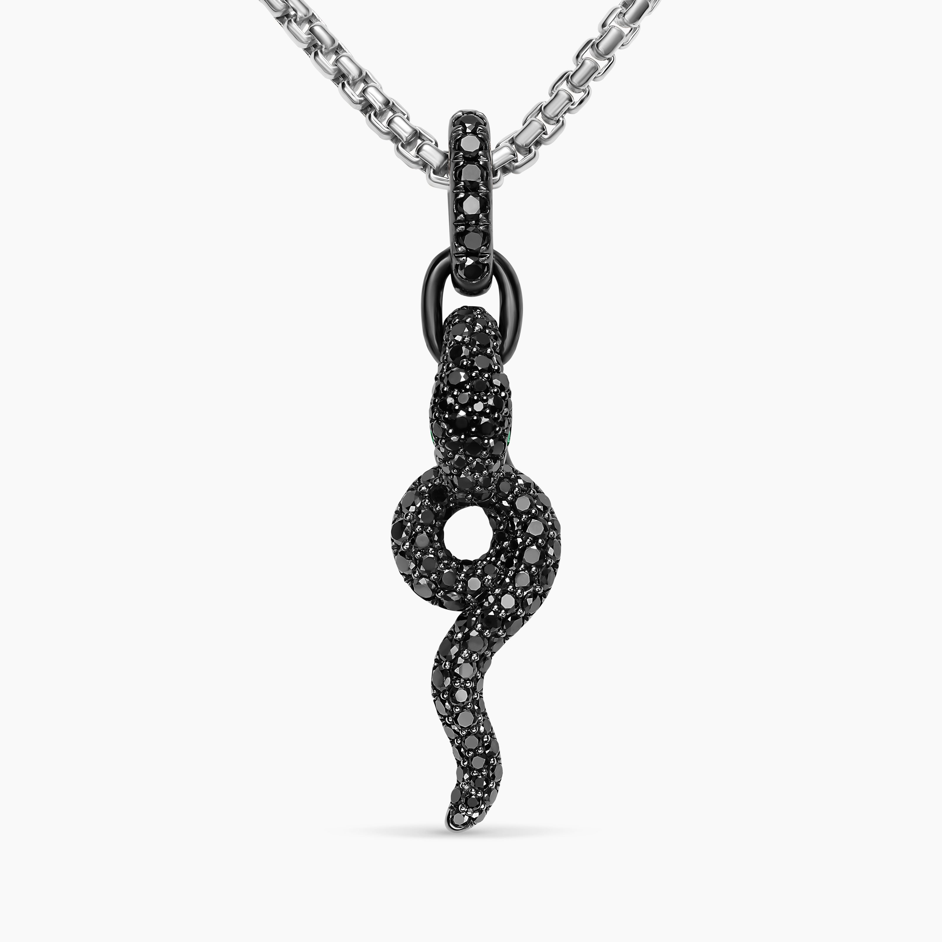 Womens Snake Amulet in 18K White Gold with Black Rhodium, Emeralds and Black Diamonds, 23.5mm