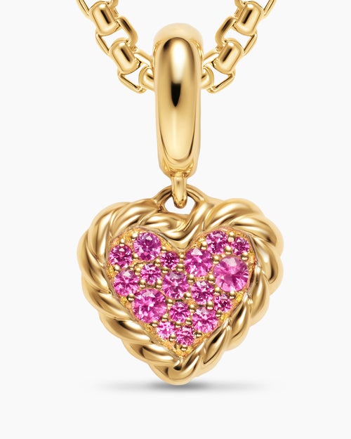 Womens Petite DY Elements® Heart Plate Pendant in 18K Yellow Gold with Pink Sapphires, 8.2mm