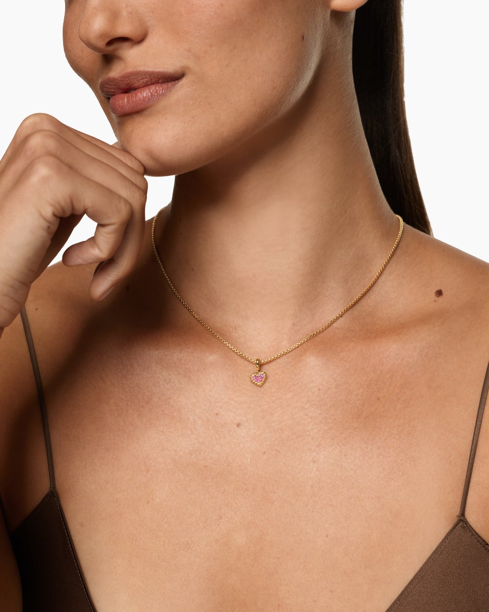 Womens Petite DY Elements® Heart Plate Pendant in 18ct Yellow Gold with Pink Sapphires, 8.2mm