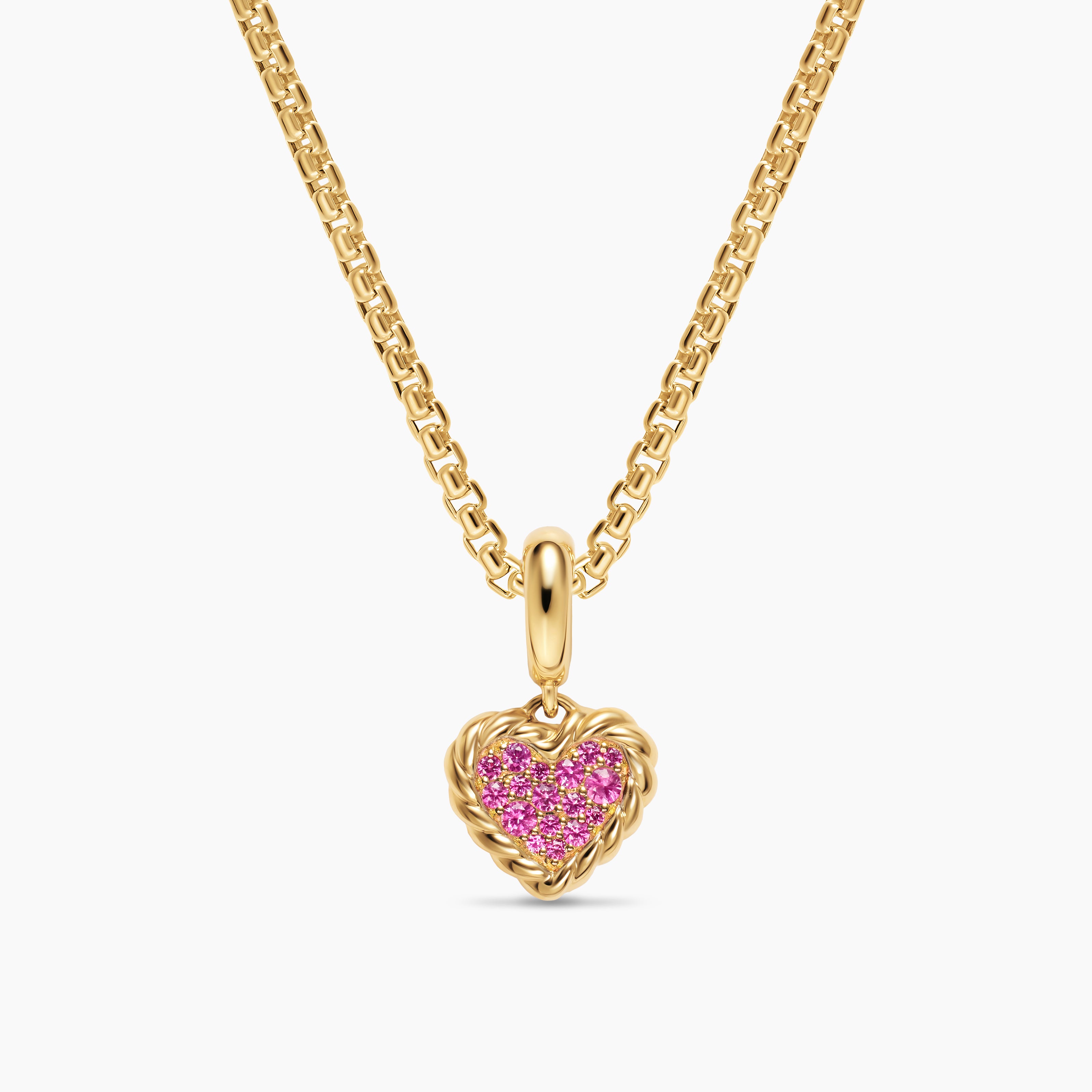 Womens Petite DY Elements&reg; Heart Plate Pendant in 18K Yellow Gold with Pink Sapphires, 8.2mm