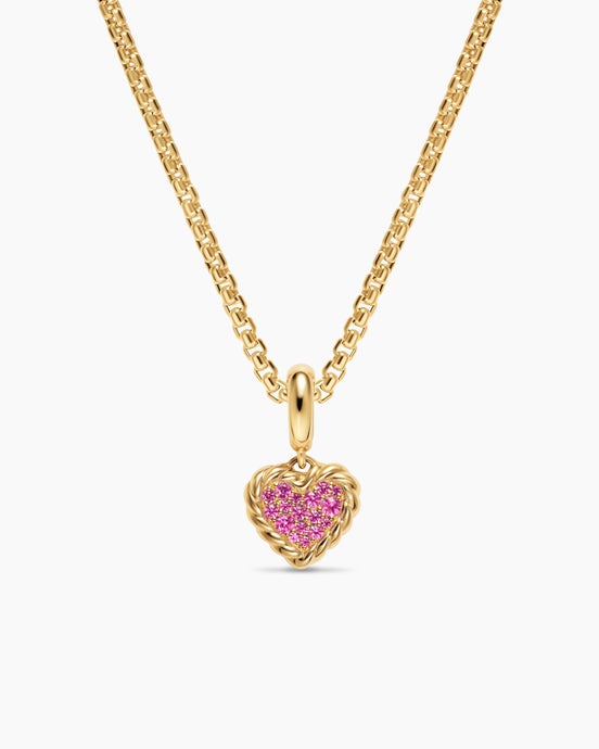 Petite DY Elements® Heart Plate Pendant in 18K Yellow Gold with Pink Sapphires, 8.2mm