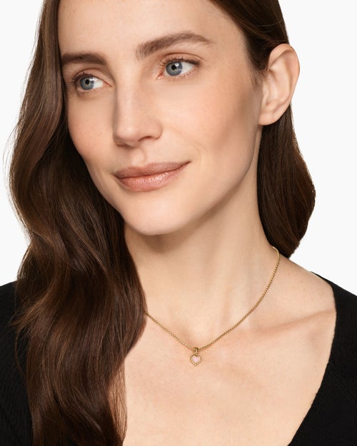 Womens Petite DY Elements® Heart Station Pendant in 18ct Yellow Gold with Pink Opal, 8.2mm