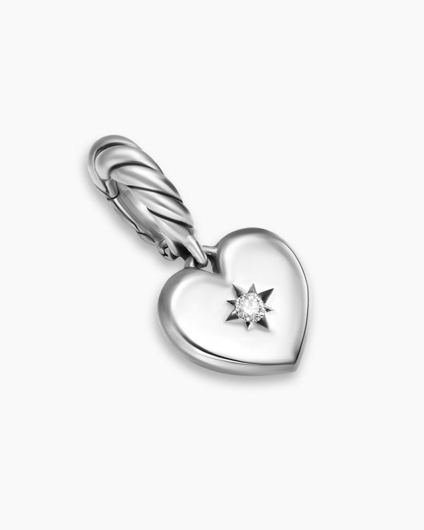 Petite amulette cœur boussole en argent massif avec diamants, 7,4 mm