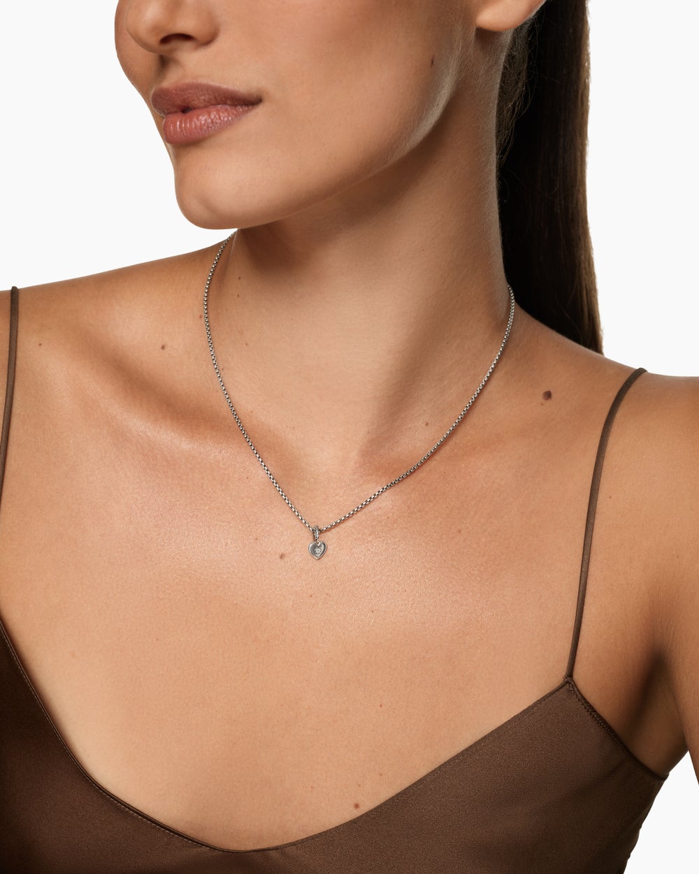 Womens Petite Compass Heart Amulet in Sterling Silver with Diamond, 7.4mm