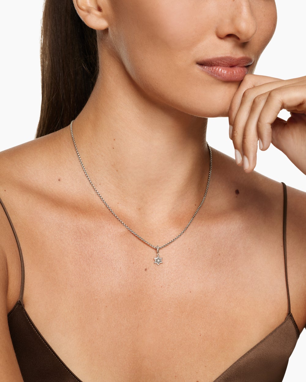 Womens Petite Star of David Amulet in Sterling Silver with Diamond, 7.7mm