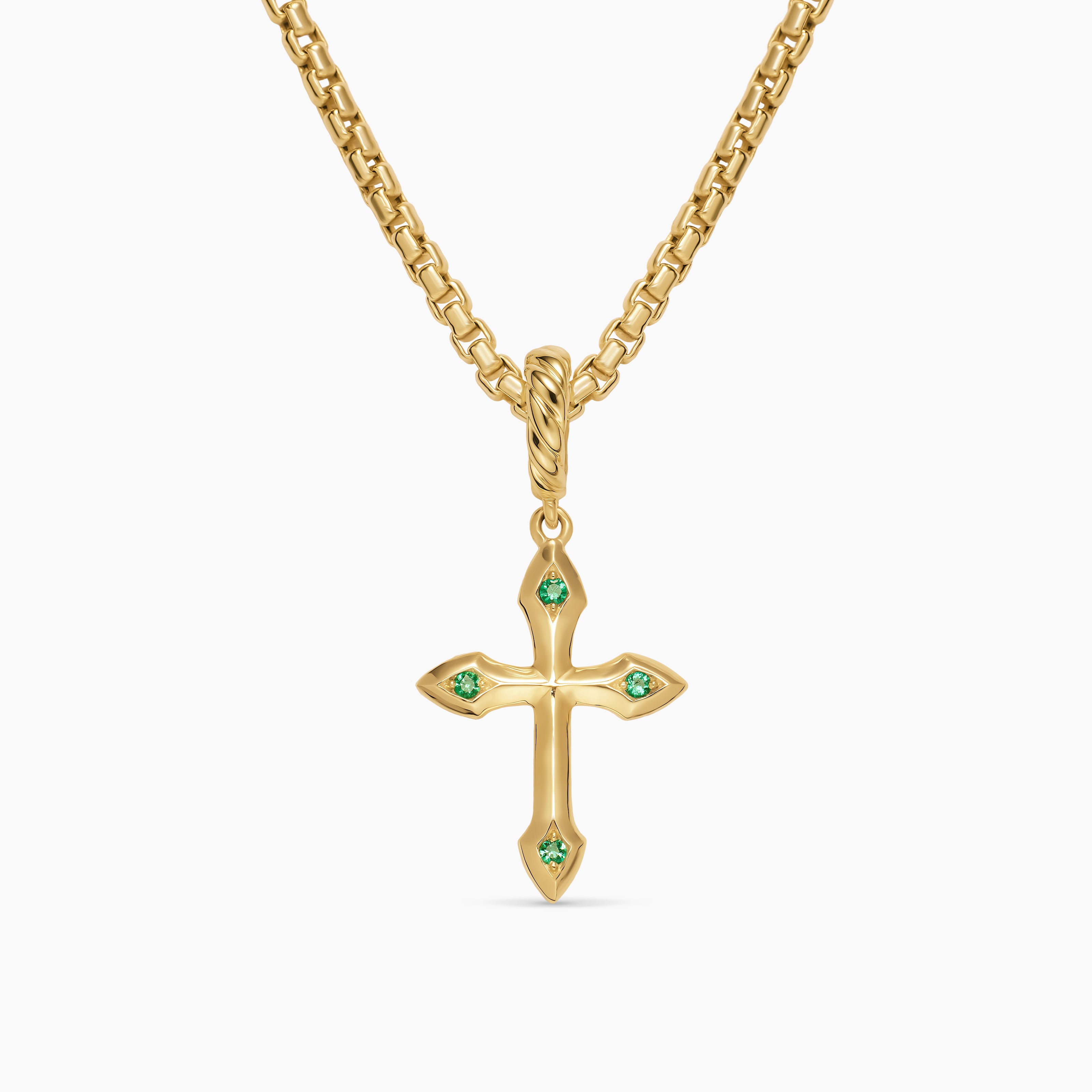 Womens Petite Gothic Cross Amulet in 18K Yellow Gold with Emeralds, 15.2mm