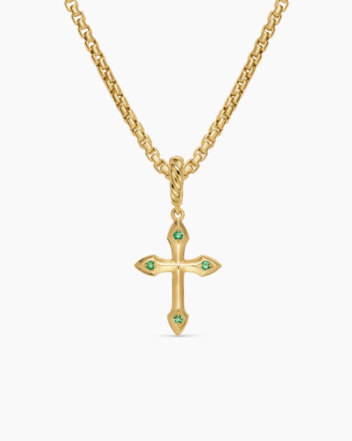 Womens Petite Gothic Cross Amulet in 18K Yellow Gold with Emeralds, 15.2mm