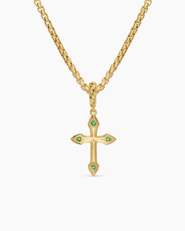 Petite Gothic Cross Amulet in 18ct Yellow Gold with Emeralds, 15.2mm
