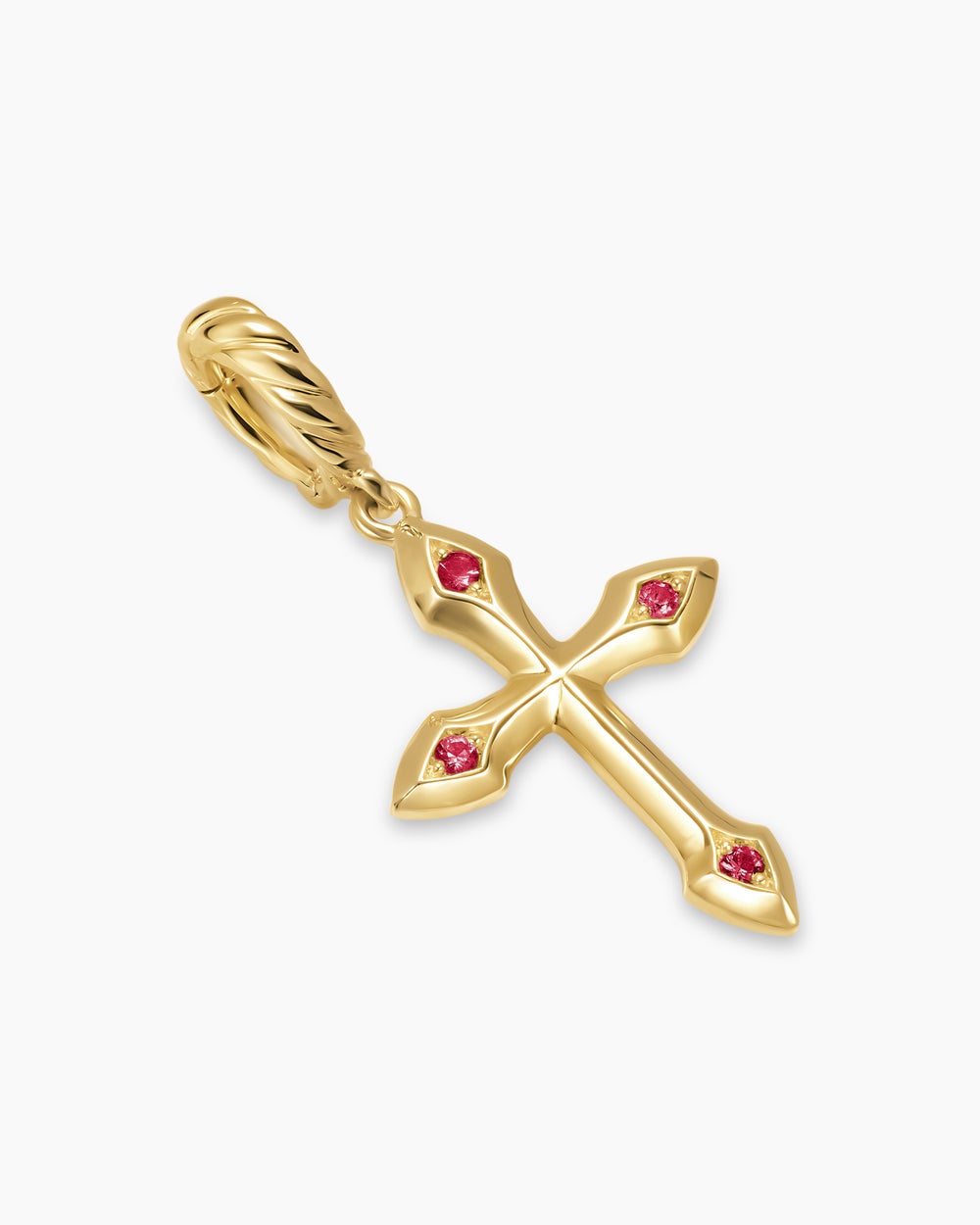 Womens Petite Gothic Cross Amulet in 18ct Yellow Gold with Rubies, 15.2mm
