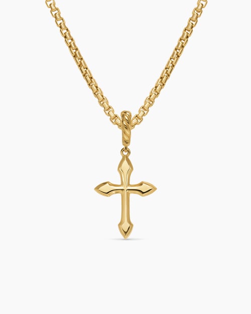 Womens Petite Gothic Cross Amulet in 18K Yellow Gold with Rubies, 15.2mm