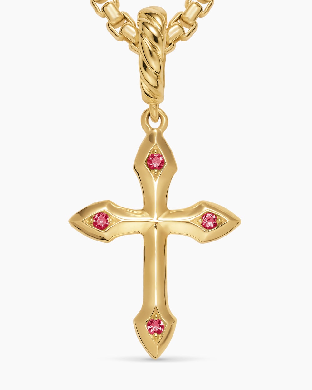 Womens Petite Gothic Cross Amulet in 18ct Yellow Gold with Rubies, 15.2mm