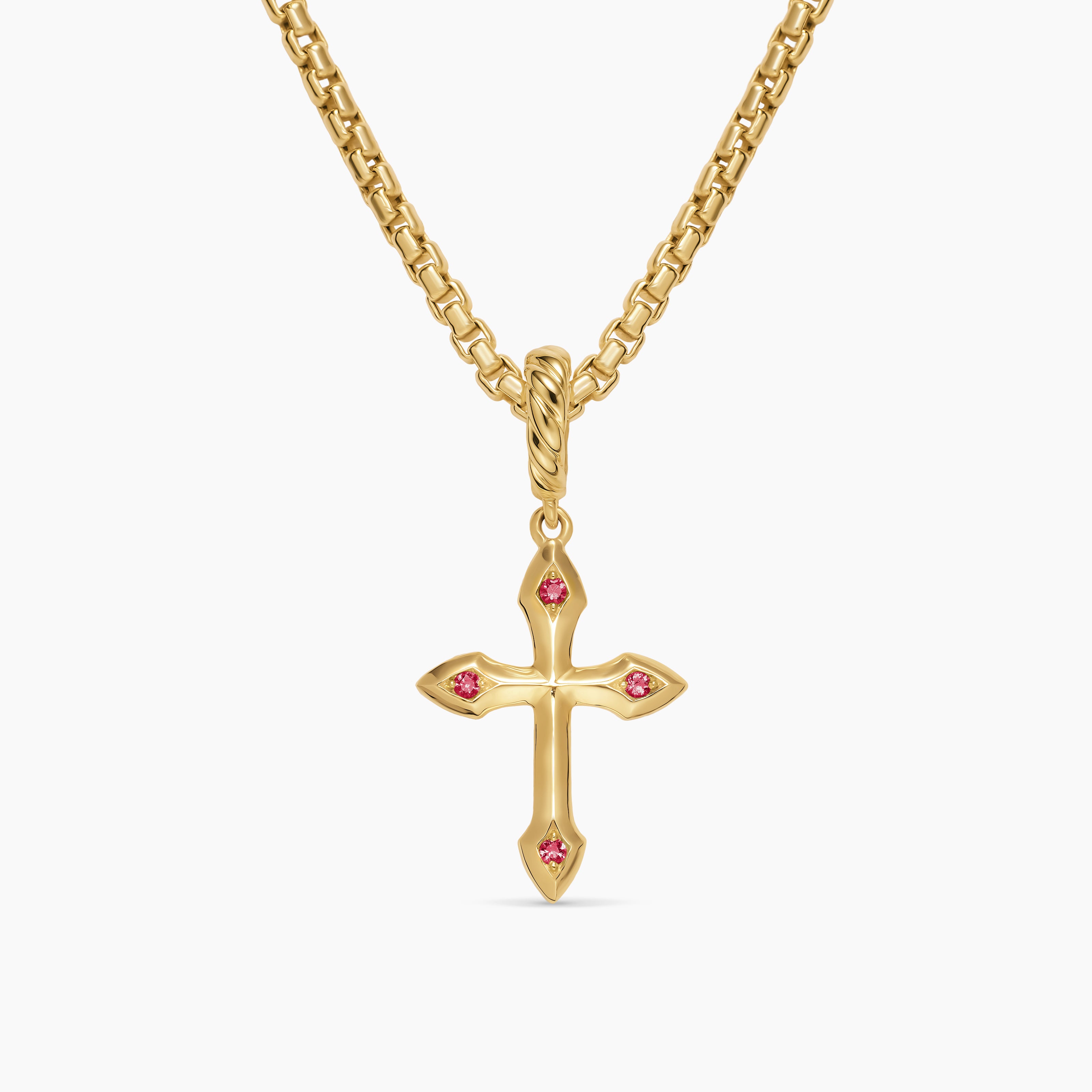 Womens Petite Gothic Cross Amulet in 18K Yellow Gold with Rubies, 15.2mm