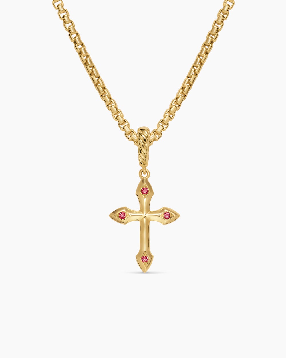 Womens Petite Gothic Cross Amulet in 18ct Yellow Gold with Rubies, 15.2mm