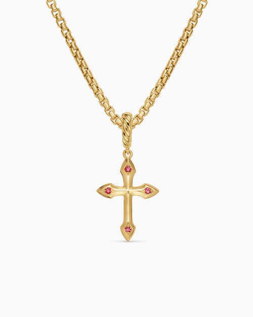 Womens Petite Gothic Cross Amulet in 18K Yellow Gold with Rubies, 15.2mm