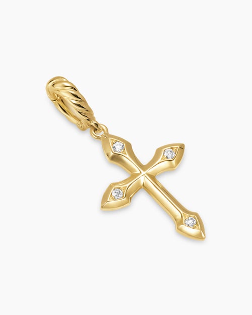 Womens Petite Gothic Cross Amulet in 18K Yellow Gold with Diamonds, 15.2mm