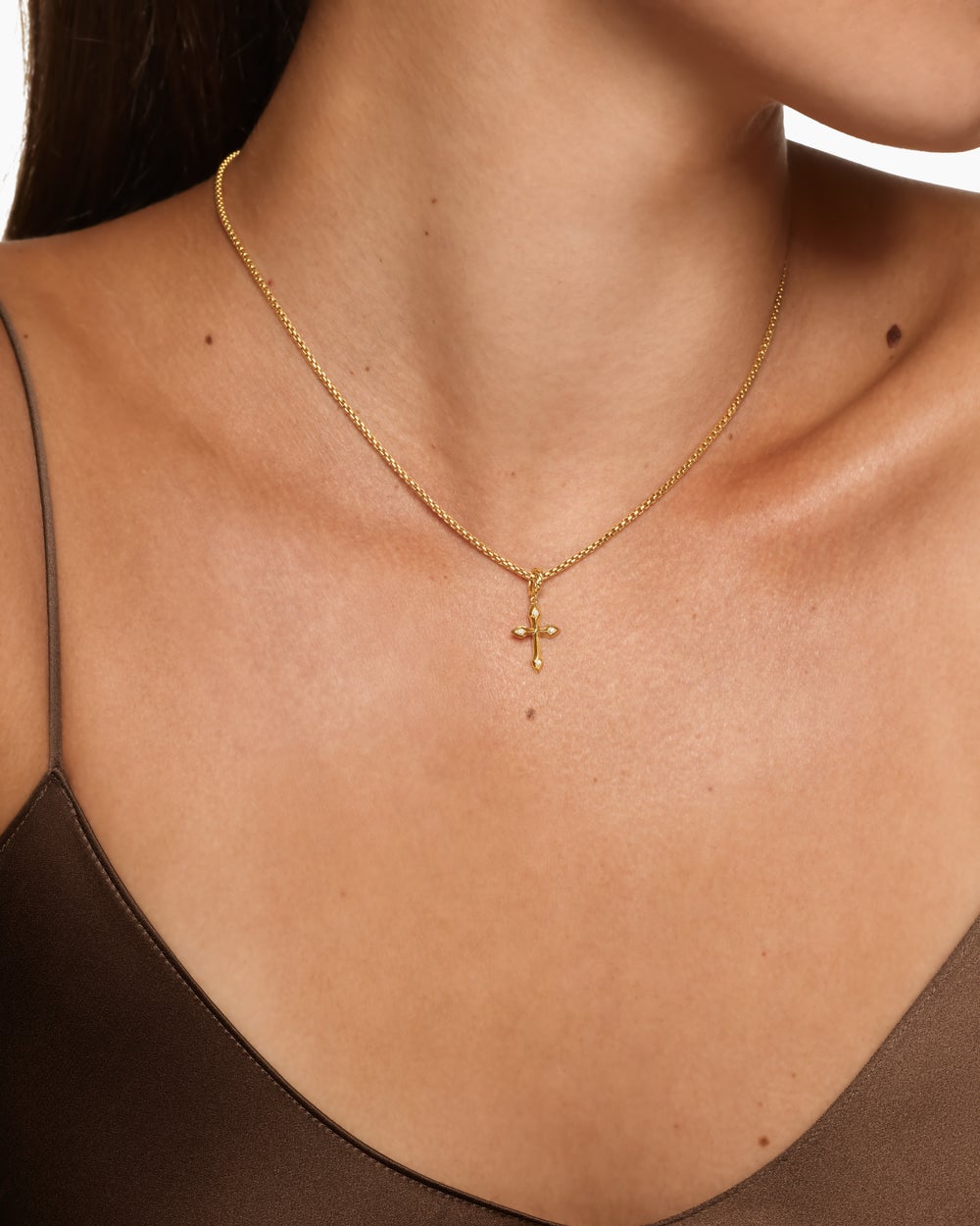 Womens Petite Gothic Cross Amulet in 18K Yellow Gold with Diamonds, 15.2mm