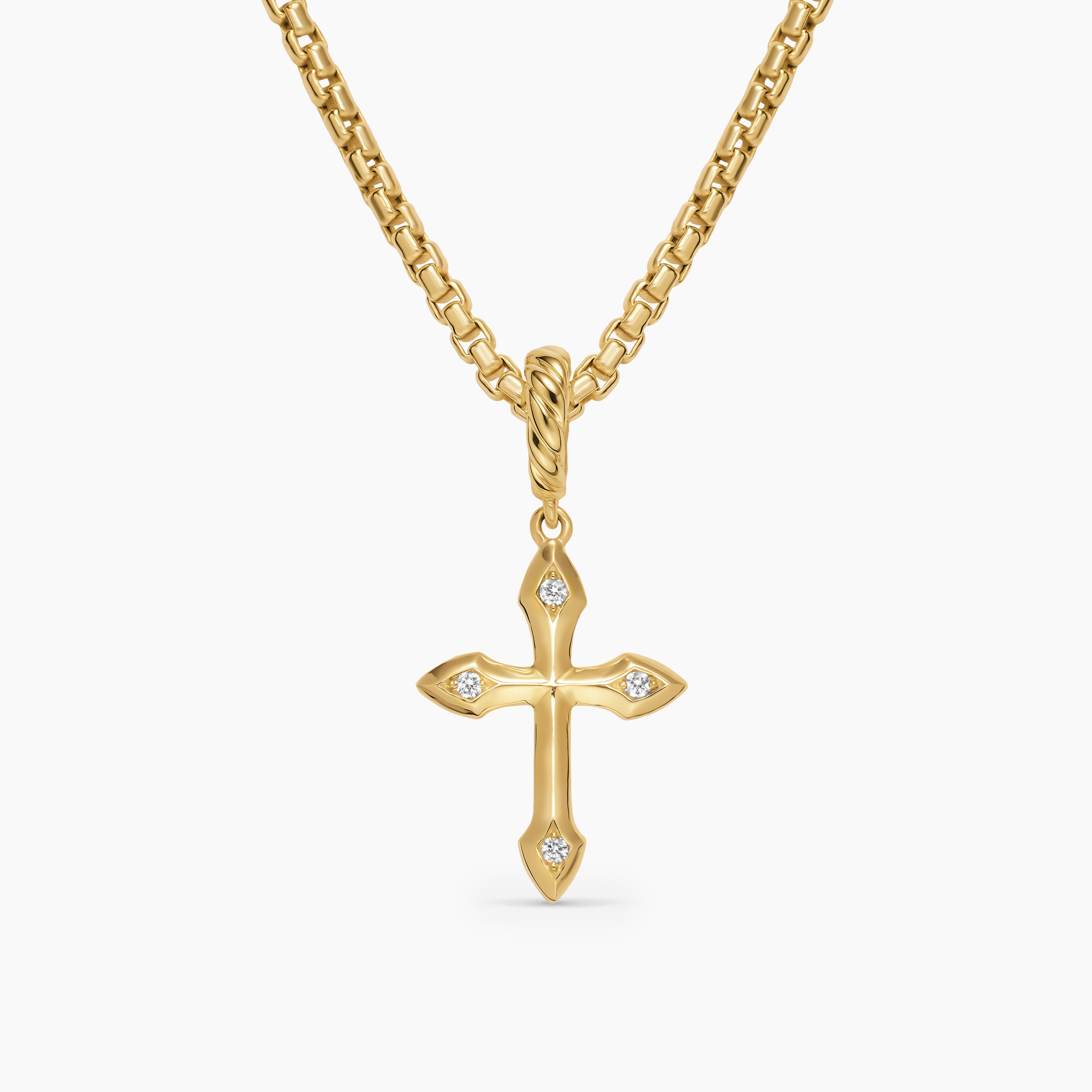 Womens Petite Gothic Cross Amulet in 18K Yellow Gold with Diamonds, 15.2mm