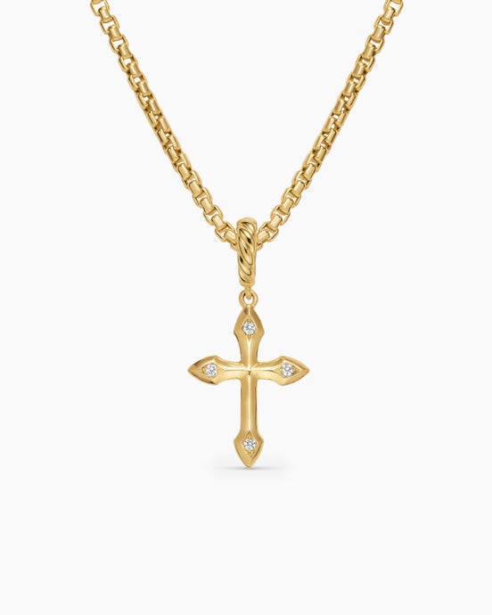 Petite Gothic Cross Amulet in 18K Yellow Gold with Diamonds, 15.2mm