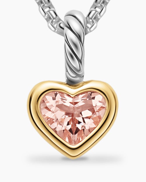 Womens Mini Heart Amulet in Sterling Silver with 14K Yellow Gold and Morganite, 7.2mm
