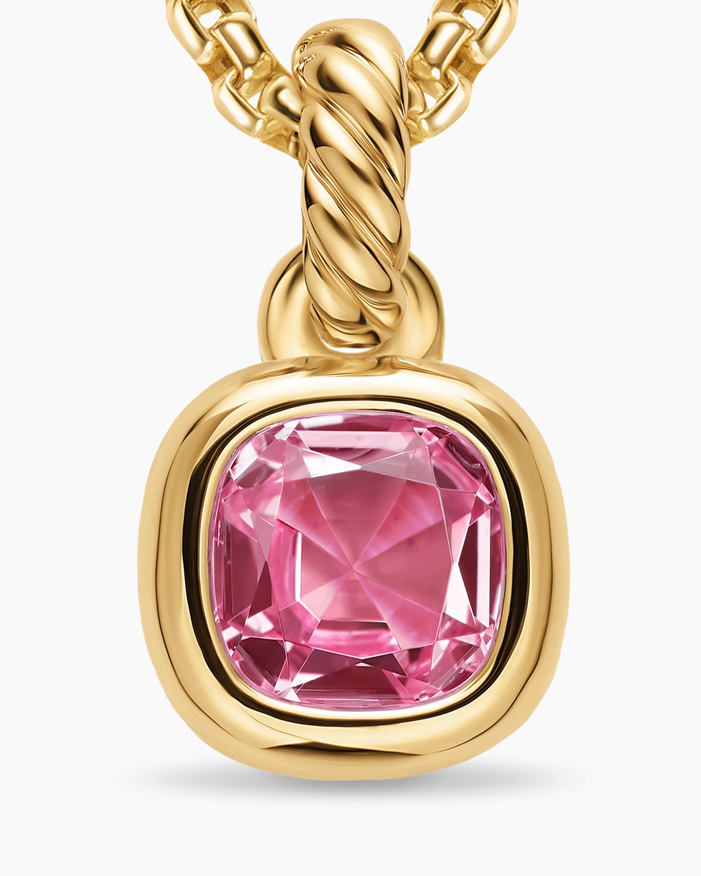 Womens Mini Cushion Cut Amulet in 18K Yellow Gold with Pink Tourmaline, 5.5mm